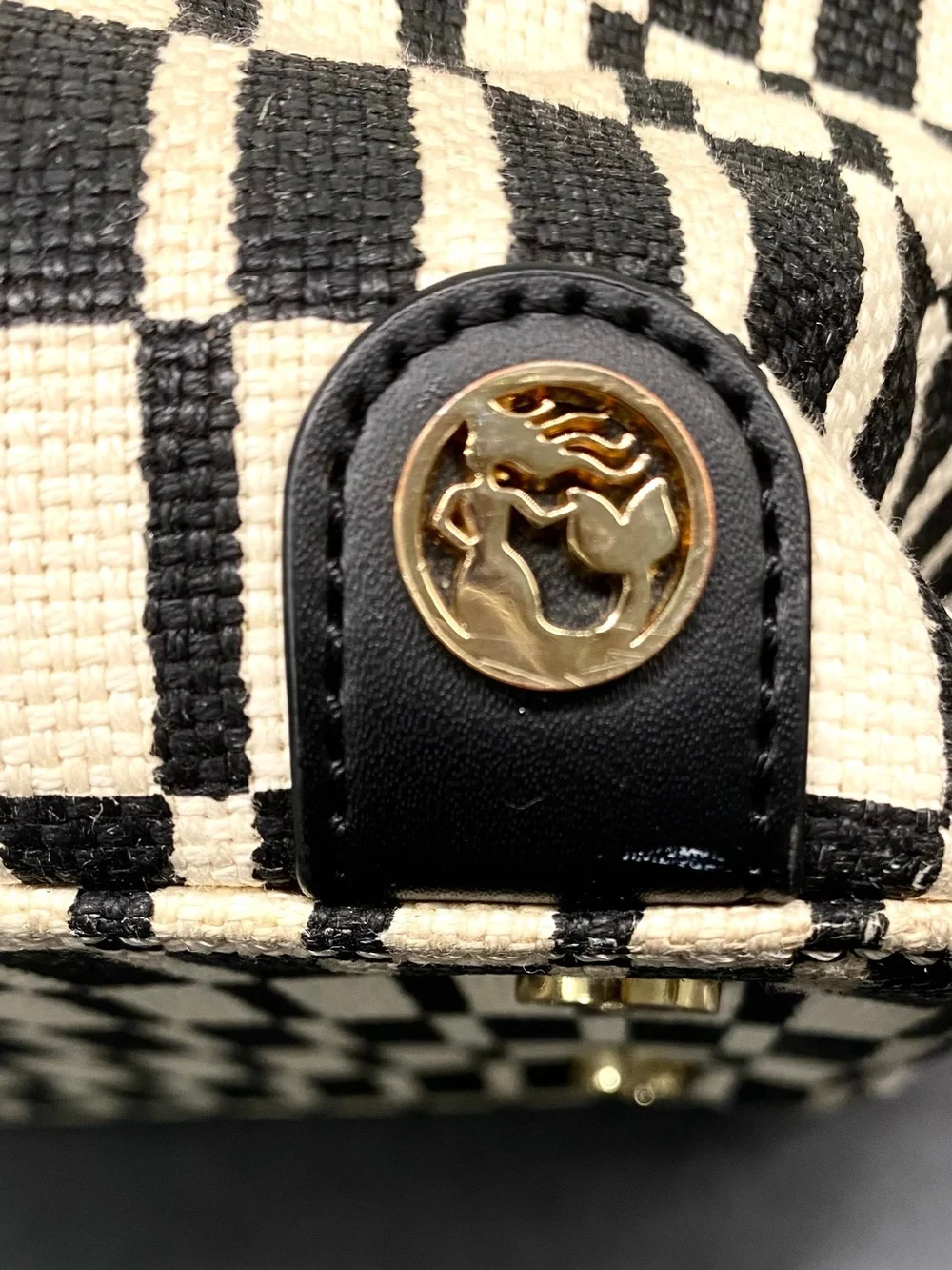 Spartina 449 Black & Cream Woven Check Tote with Tassels Linen/Leather